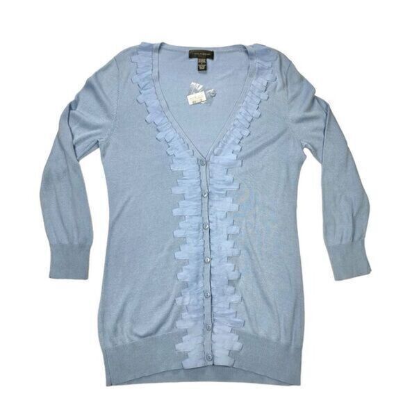 Cable & Gauge Cardigan Womens L Blue Ruffle Front Lightweight V Neck Sweater NWT - Picture 1 of 10